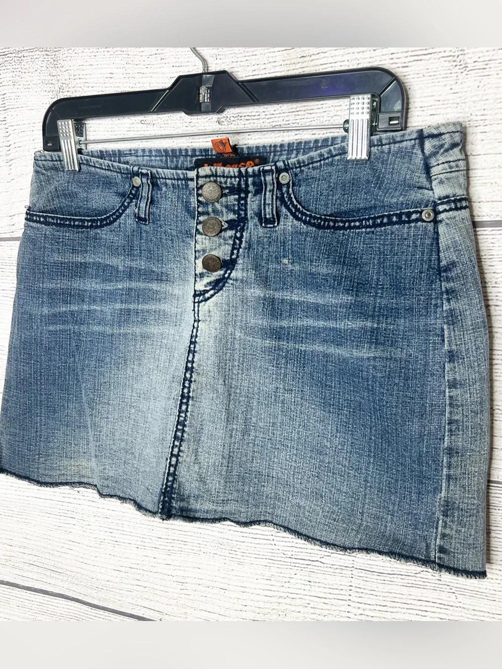 Vintage Y2K Dollhouse Button Fly Distressed Denim Mini Skirt Size 9/10